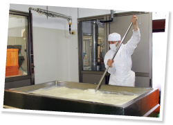 チーズ作りには4〜5時間かかる。大きなタンクを運んだり、何分もかき混ぜ続けたり。体力勝負の作業が続く。